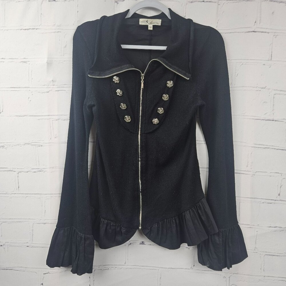 WHIMSIGOTH ZIP CARDIGAN SWEATER Womens M Dark Romantic Black Ruffles Long Sleeve